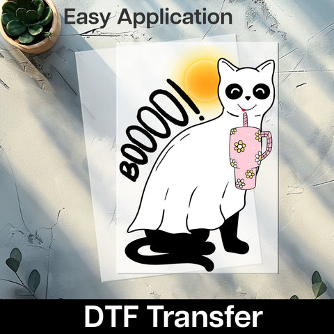 Cute Ghostly White Cat Halloween Coffee DTF Transfer Ready To Press for Women's T-Shirt or Sweatshirt
