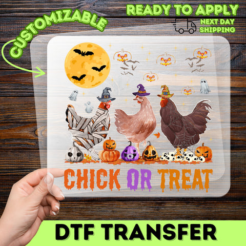 Cute Chicken Halloween DTF Transfer Iron-On Ready to Press, Funny Chick or Treat Design for T-Shirts & Apparel