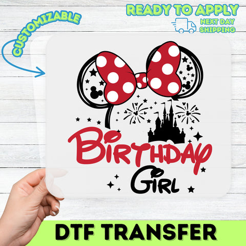 Cute Birthday DTF Transfer for Family T-shirt with Disney-Inspired Red & White Polka Dot Bow