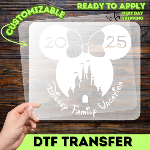 Disney Family Adventure DTF Transfer 2025, Cute Mouse Ears & Castle Design for T-Shirts, Family Vacation Ready To Press Iron-On