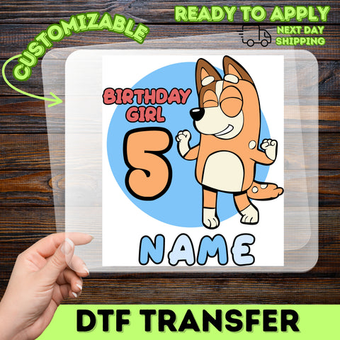 Cute Cartoon Dog 5th Birthday Girl DTF Transfer Ready To Press Iron-On for Kids T-Shirt Apparel Custom Name