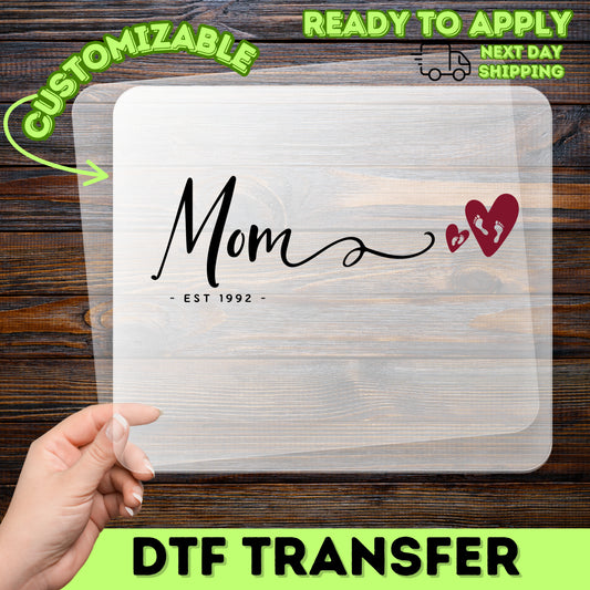 Sentimental Mom DTF Transfer for Cute Mother's Day Shirts & Apparel - Ready to Press Baby Footprint Heart Design