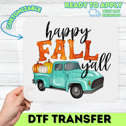 Vintage Teal Truck Fall DTF Transfer Cute Pumpkin Spice Autumn Harvest Iron-On for T-Shirt Apparel Rustic Farmhouse Charm
