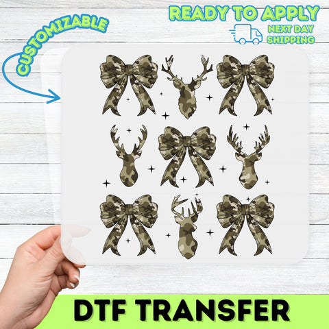 Camo Deer & Bows DTF Transfer for Outdoor Adventure Shirts, Rustic Nature Lover Apparel Ready To Press