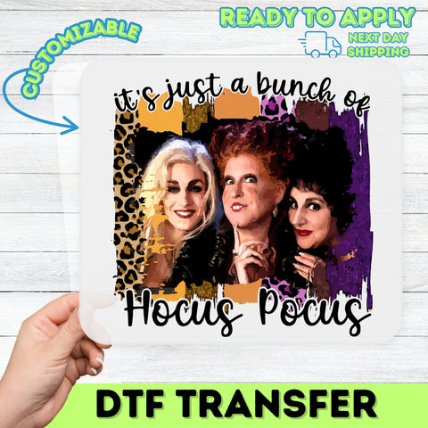 Funny Halloween "Hocus Pocus" DTF Transfer for T-Shirts & Apparel - Cute Witch Trio Design Ready to Press Iron-On
