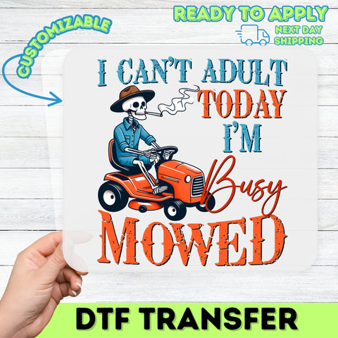 Funny Halloween skeleton riding lawnmower dtf transfer, ready to press iron-on for dads t-shirt & sweatshirt, adulting Father's Day gift