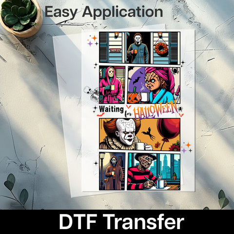 Spooky & Humorous Halloween DTF Transfer for Horror Lovers - Retro Comic Coffee Theme for Shirts & Hoodies
