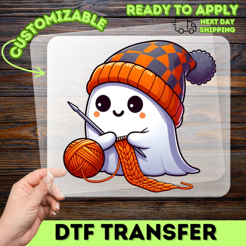 Cute Funny Halloween Knitting Ghost DTF Transfer Design for T-Shirts & Apparel - Ready To Press Iron-On Art