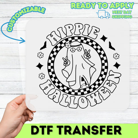 Cute Hippie Halloween Ghost DTF Transfer, Peace Sign Character, Ready To Press Retro Design for Group T-Shirts & Sweatshirts