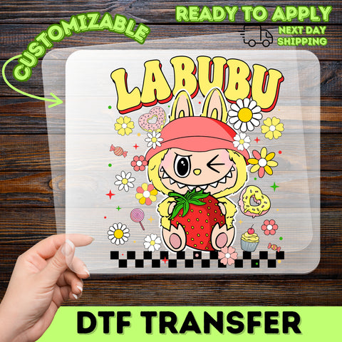 Cute Cartoon Rabbit Holding Strawberry DTF Transfer, Fun Group Birthday Shirt Iron-On, Kawaii Anime Character Ready To Press, Food-Themed Apparel