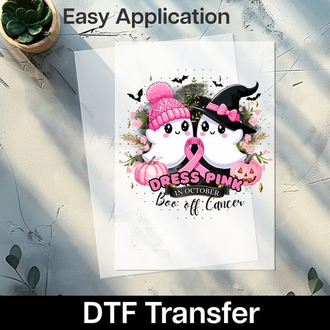 Cute Halloween Ghost & Pink Ribbon DTF Transfer for Breast Cancer Awareness Women's Shirt