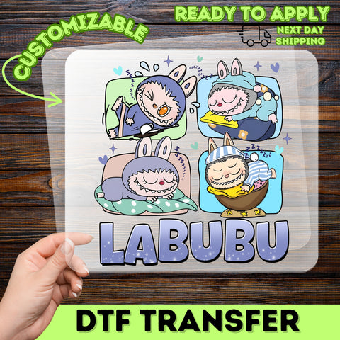 Cute Labubu Bunny Ear Characters DTF Transfer for Cozy Pajama Party Apparel & Sleepover Shirts