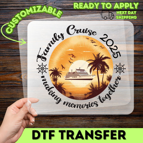 Retro Family Cruise DTF Transfer for Memorable Trips with Palm Sunset & Nautical Vibe, Ideal Ready To Press Shirt for Reunion