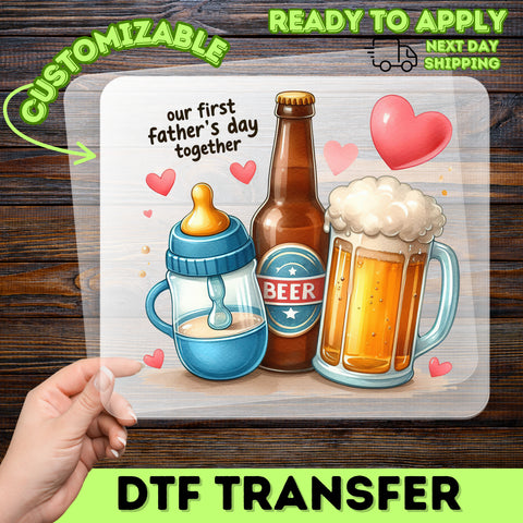 Funny First Father's Day Baby & Beer Cartoon DTF Transfer, Ready To Press Iron-On for New Dad T-shirts & Apparel