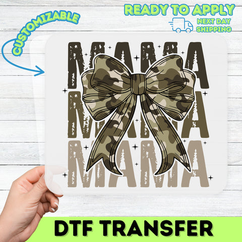 Cute Camo Mama Bow DTF Transfer Ready To Press for Stylish Mom Shirts & Apparel, Mother's Day Gift, Outdoor Mom Life Theme