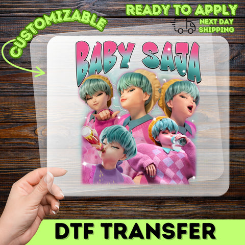 Funny Baby Saja retro-cute pop art DTF Transfer for party apparel baby shower shirts & whimsical drinking humor ready to press iron-on