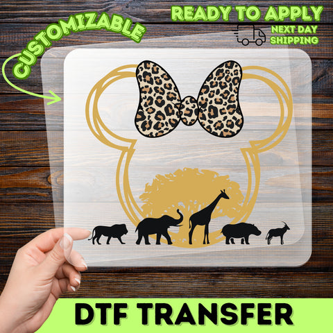 Safari Adventure Animal Bow DTF Transfer for Cute Family Vacation Shirts, Ready to Press Leopard Print Apparel, Matching Safari Group Outfits
