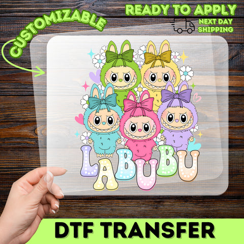Cute Cartoon Kawaii DTF Transfer for Kids Shirts, LABUBU Colorful Iron-On, Ready to Press Playful Critters Apparel, Birthday Parties