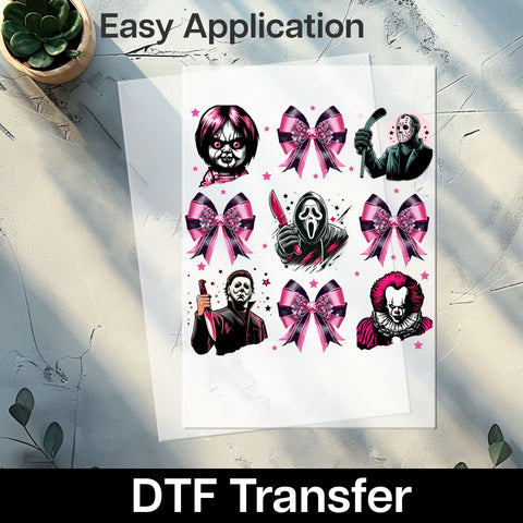 Spooky & Cute Halloween Horror DTF Transfer with Pink Bow Design for Women's Apparel - Ready to Press Iron-On