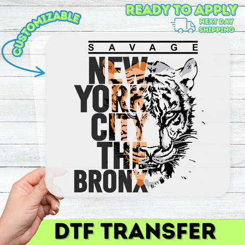 Iron-On DTF Transfer for New York City Urban Wildlife Bronx Pride T-Shirt, Bold Tiger Graphic, Trendy Animal Lover Apparel