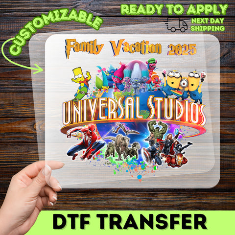 Family Vacation 2025 Universal Studios Pop Culture DTF Transfer for Custom T-Shirts & Apparel