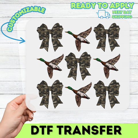 Camouflage Bow & Mallard Duck Hunting-Themed DTF Transfer for Rustic Nature Enthusiast Apparel