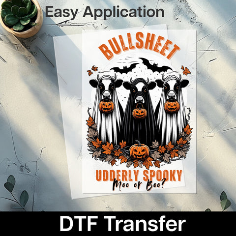 Funny Halloween Cow Ghost DTF Transfer Iron-On for Cute Farmhouse Apparel & Funny Spooky T-Shirt