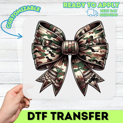 Camouflage Bow DTF Transfer for Outdoor Enthusiasts & Military Families - Realistic Army Green Nature Print for Apparel