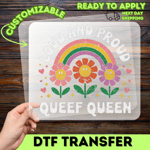 DTF Transfer Funny Queef Queen Iron-On Retro Flower Power Rainbow Ready To Press LGBTQ Pride Apparel
