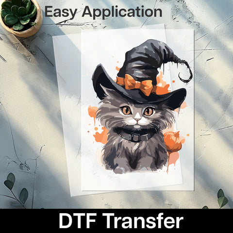 Cute Halloween Cat DTF Transfer, Whimsical Witch Kitty Iron-On for T-shirts, Ready To Press Cute Pumpkin Cat Apparel, Cat Lover Gifts