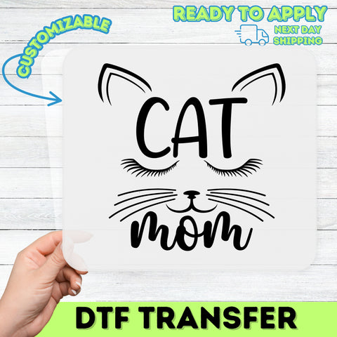 Cat Mom DTF Transfer | Cute Cat Ears & Whiskers Iron-On for Shirts | Black & White Minimalist Cat Lover Apparel | Ready To Press Gift