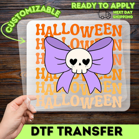 Cute Halloween Skull with Heart Eyes & Bow DTF Transfer Ready to Press for Women T-Shirt or Party Apparel