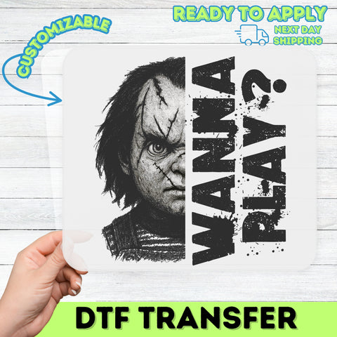 Creepy Doll Face Halloween Iron-On DTF Transfer for Scary Movie Fans T-shirt Gothic Horror Apparel