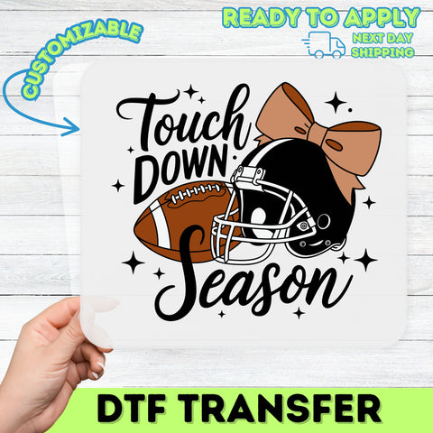 Cute Football Season DTF Transfer for Women's Shirt - Touch Down Season with Bow & Helmet Ready To Press Iron-On Apparel