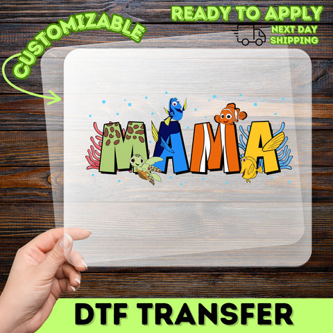 Cute Ocean Theme MAMA DTF Transfer for Cute Family T-Shirt, Ready To Press Iron-On Aquatic Cartoon Apparel, Mother's Day Gift