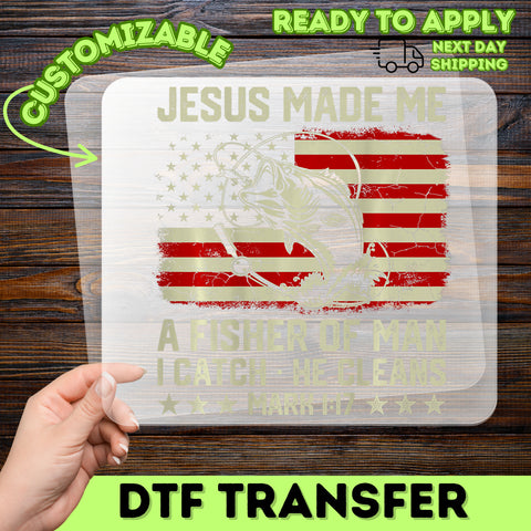 Christian Patriotic Fishing Jesus Vintage DTF Transfer Iron-On for Religious Faith-Based Apparel Ready To Press T-Shirt Gift