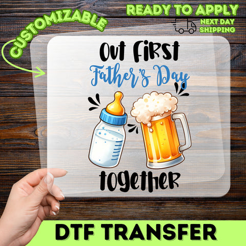 Funny Father’s Day dtf transfer Ready To Press Iron-On, Baby Bottle & Beer Mug Cartoon for Dads, New Dad T-shirt or Sweatshirt Gift