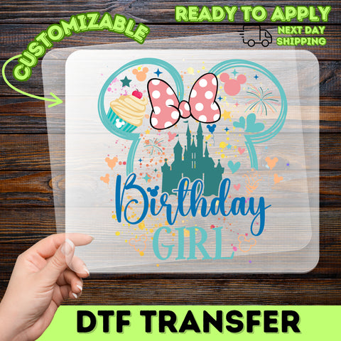 Cute Birthday Girl Theme Park Mouse Ears DTF Transfer Iron-On for Kids Party Family Vacation Apparel