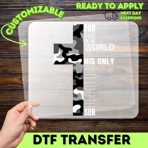 Religious Camouflage Cross Iron-On DTF Transfer Christian Scripture Shirt for Church Group & Faith Apparel