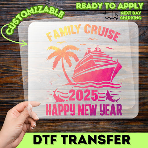 Festive Family Cruise New Year 2025 DTF Transfer, Ready To Press Tropical Sunset Palm & Shark Apparel for Matching Outfits
