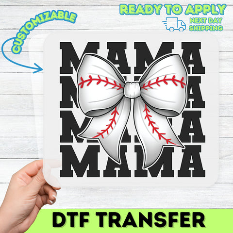 Cute Baseball Bow DTF Transfer for Mom T-shirt, Ready to Press Apparel for Sports Mama, Game Day Family Shirt