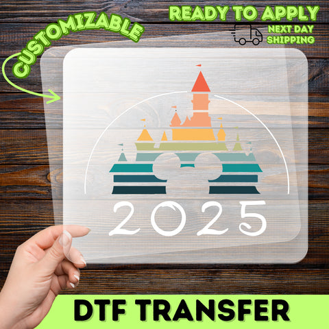 Cute Mouse & Castle 2025 Family Vacation DTF Transfer for Group Travel Shirts, Ready to Press Retro Theme Park Design