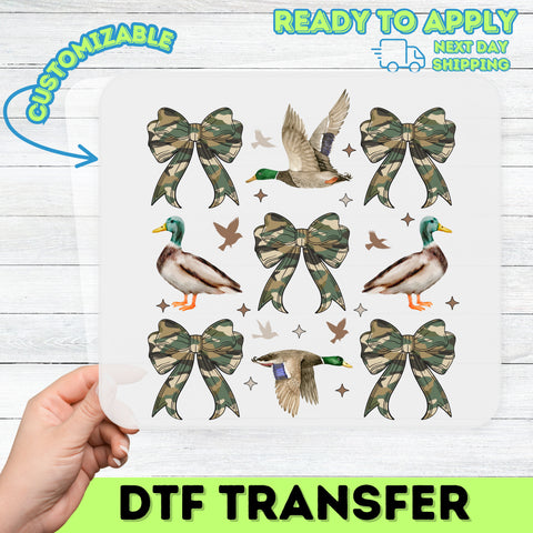 Iron-on funny hunting duck camo DTF transfer for family adventure apparel & outdoorsmen shirt ready to press