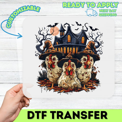 Funny Halloween Witchy Chicken DTF Transfer Ready to Press Iron-On for Family T-Shirt Ghostly Farmhouse Apparel