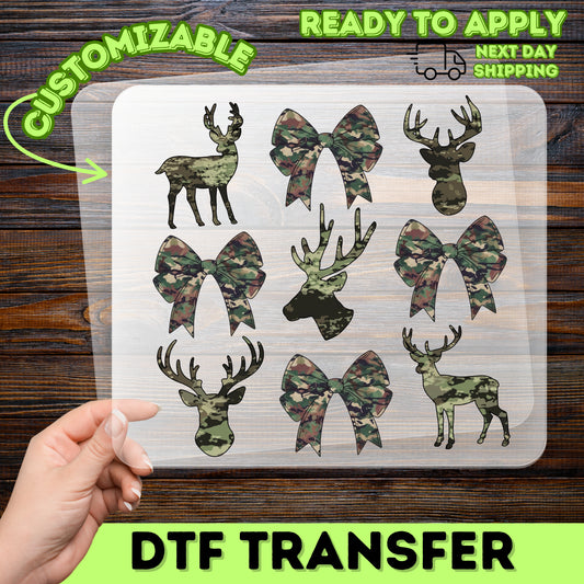 Rustic Camouflage Deer & Bow Design DTF Transfer for Outdoorsy Funny Hunting Apparel - Ready To Press Nature Lover Shirt Gift