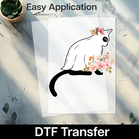 Cute Whimsical Cat Silhouette Floral DTF Transfer for Women & Teens Apparel, Iron-On Ready to Press Nature-Inspired T-Shirt