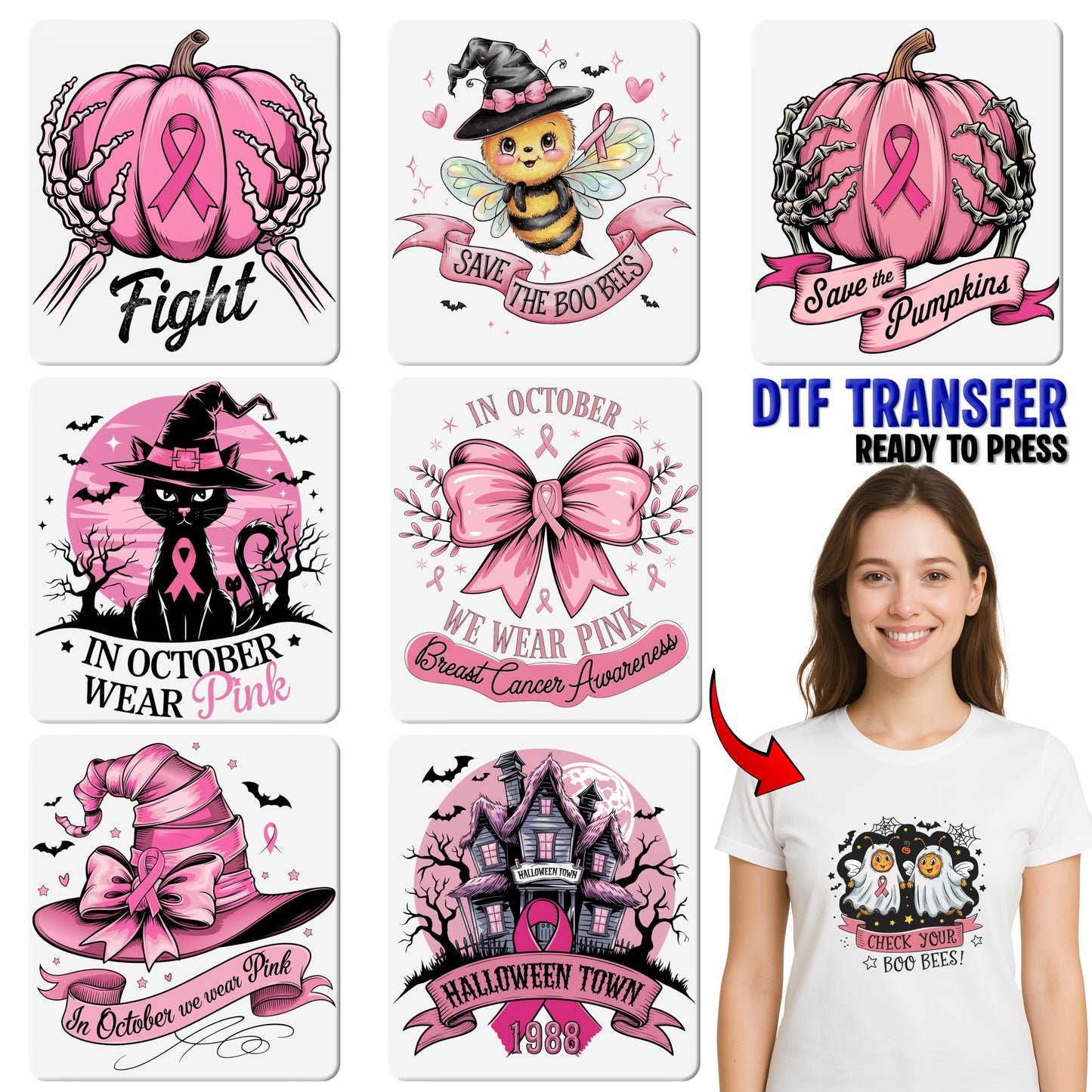 Pink Awareness & Halloween Witch Hat Cute October DTF Transfer for Women Apparel & Breast Cancer Support Group