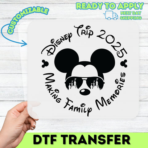 Magical Vacation DTF Transfer Mouse Silhouette & Castle Sunglasses Apparel T-Shirt for Family Theme Park Fun