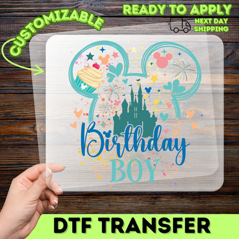 Birthday Boy Cute Magical Castle & Mickey Ears DTF Transfer for Kids Apparel, Ready To Press for Disney Theme Celebration