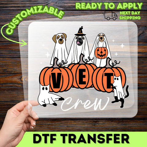 Cute Ghost Dog Halloween Vet Crew DTF Transfer, Ready To Press Iron-On for Animal Lover Apparel & Veterinary Group Costume